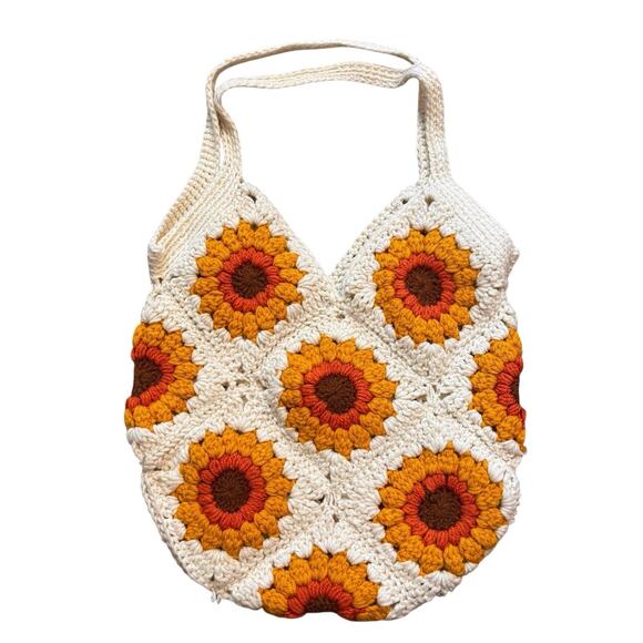 Handmade Crocheted Sunflower Granny Core Square Tote White Bag Festival Boho** - Picture 2 of 5